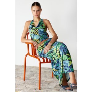 Trendyol Green Floral Printed Fitted/Slippery Turndown Collar Flexible Knitted Two Piece Set