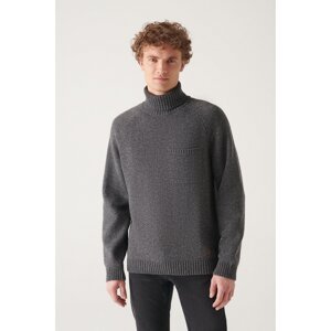 Avva Men's Anthracite Full Turtleneck Raglan Sleeves Pocket Detailed Comfort Fit Comfortable Cut Woolen Sweater
