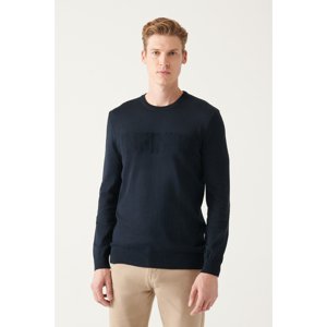 Avva Men's Navy Blue Crew Neck Text Slogan Cotton Regular Fit Knitwear Sweater