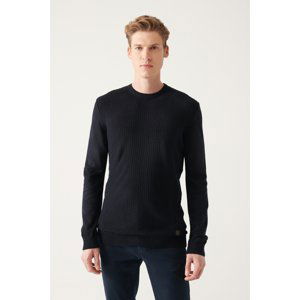 Avva Men's Navy Blue Crew Neck Front Textured Regular Fit Knitwear Sweater