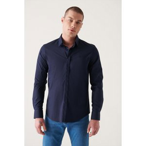 Avva Men's Navy Blue 100% Cotton Satin Shirt with Hidden Buttons, Slim Fit Fit Shirt