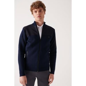 Avva Men's Navy Blue Wool Blended Parachute Fabric Detailed Zippered Regular Fit Cardigan Coat
