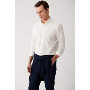 Avva Men's Ecru Shirt Buttoned Collar 100% Cotton Corduroy Velvet Regular Fit