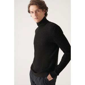 Avva Men's Black Full Turtleneck Knit Detail Cotton Slim Fit Slim Fit Knitwear Sweater