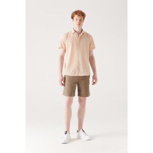 Avva Men's Khaki 100% Cotton Side Pocket Elastic Waist Linen Textured Relaxed Fit Shorts