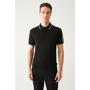 Avva Men's Black Polo Neck Shoulder Stripe Detailed Ribbed Regular Fit Knitwear T-shirt