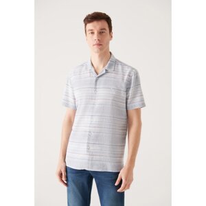 Avva Men's Blue Striped Cuban Collar Short Sleeve Shirt