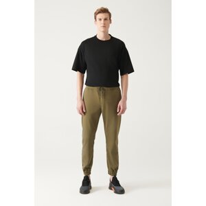 Avva Men's Khaki Jogger Pants with Side Pockets, Knit and Lace-Up Relaxed Fit.