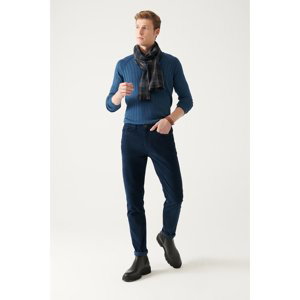 Avva Men's Navy Blue Dobby 5-Pocket Slim Fit Lycra Velor Trousers