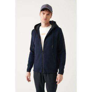 Avva Men's Navy Blue Wool Blended Hooded Zippered Regular Fit Cardigan Coat