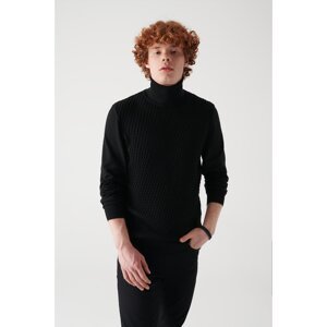 Avva Men's Black Full Turtleneck Front Textured Cotton Regular Fit Knitwear Sweater