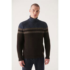 Avva Men's Brown Full Turtleneck Block Colored Regular Fit Woolen Sweater