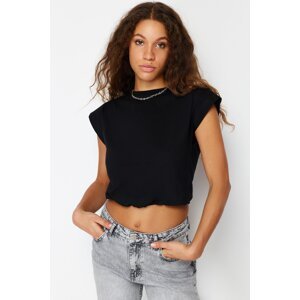 Trendyol Black 100% Cotton With Stopper Moon Sleeve Regular/Normal Fit Crop Knitted T-Shirt