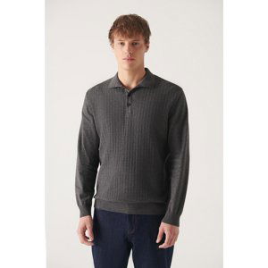 Avva Men's Anthracite Polo Neck Herringbone Patterned Cotton Regular Fit Knitwear Sweater