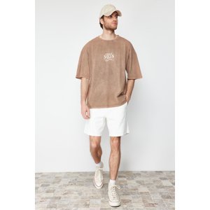 Trendyol Brown Oversize/Wide Fit Pale Effect Eagle Printed 100% Cotton T-Shirt