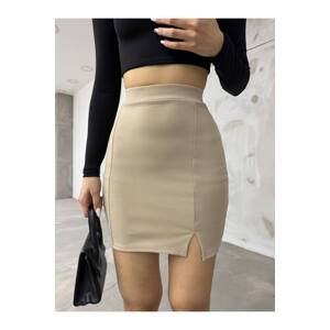 BİKELİFE Women's Beige High Waist Slit Detail Mini Skirt