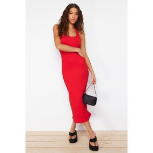Trendyol Red Fitted Square Neck Ribbed Stretchy Knitted Maxi Pencil Dress