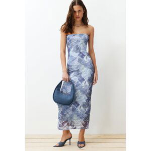 Trendyol Blue Strapless Collar Lace Printed Knitted Midi Pencil Dress