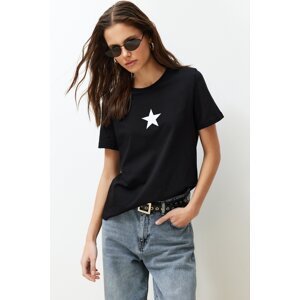 Trendyol Black 100% Cotton Star Printed Regular/Normal Pattern Crew Neck Knitted T-Shirt