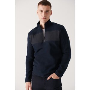 Avva Men's Navy Blue Zippered High Neck Parachute Fabric Detail Regular Fit Fleece Sweatshirt