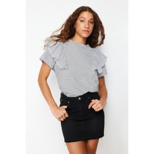 Trendyol Black Ecru Striped Ruffle Detail Regular/Normal Fit Knitted T-Shirt