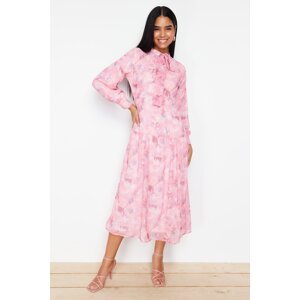 Trendyol Pink Lined Floral Pattern Belted Woven Dress