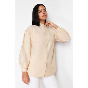 Trendyol Stone Gathered Detail Cotton Basic Woven Shirt