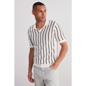Trendyol Ecru Regular Fit Striped Openwork Loose Pat Limited Edition Knitwear Polo Neck T-Shirt