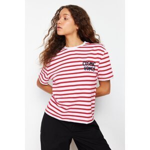 Trendyol Navy Blue Striped Slogan Embroidery Detail Relaxed Knitted T-Shirt