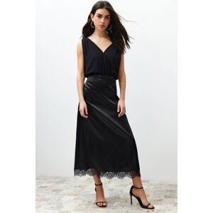 Trendyol Black Satin Skirt with Lace Detail Midi Woven Skirt
