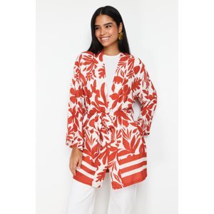 Trendyol Red Floral Patterned Tie Detailed Pocket Kimono & Kaftan