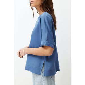 Trendyol Indigo 100% Cotton Cutout and Slit Detailed Oversize/Comfortable Fit Knitted T-Shirt