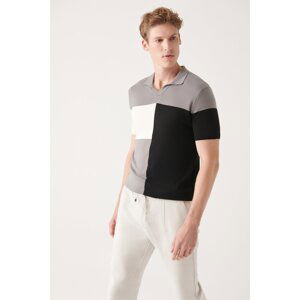 Avva Men's Gray Cotton Buttonless Polo Collar Color Block Ribbed Regular Fit Knitwear T-shirt
