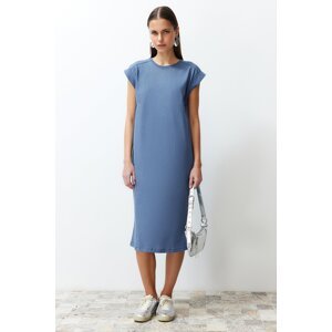 Trendyol Indigo Plain T-shirt Dress 100% Cotton Moon Sleeve Shift/Relaxed Cut Midi Midi Dress