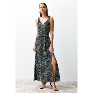 Trendyol Blue Leopard Patterned Double Breasted Slit Detailed Maxi Woven Dress