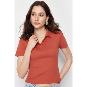 Trendyol Cinnamon Polo Collar Buttoned Short Sleeve Stretchy Ribbed Knitted Blouse