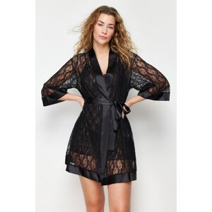 Trendyol Black Belted Satin Detailed Lace Knitted Dressing Gown