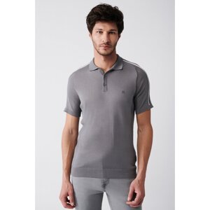 Avva Men's Gray Polo Neck Shoulder Stripe Detailed Ribbed Regular Fit Knitwear T-shirt