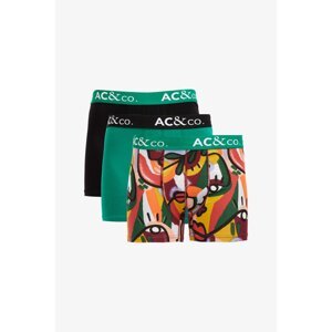 AC&Co / Altınyıldız Classics Men's Black-Green Patterned Cotton Stretchy 3-Pack Boxer