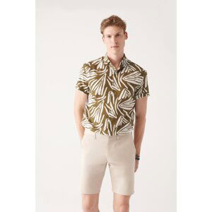 Avva Men's Khaki 100% Cotton Classic Collar Printed Short Sleeve Regular Fit Shirt