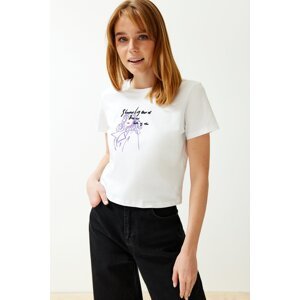Trendyol White 100% Cotton Printed Relaxed Fit Crop Crew Neck Knitted T-Shirt