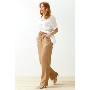 Trendyol Camel Straight Elastic Waist Laced Linen Look Trousers