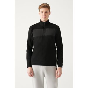 Avva Men's Black Zippered Stand Collar Parachute Fabric Detailed Standard Fit Regular Cut Fleece Sweatshirt