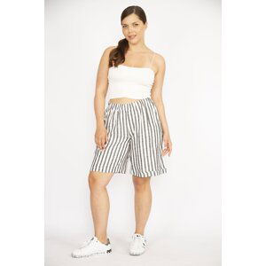 Şans Women's Smoked Large Size Striped Linen Woven Fabric Shorts with Elastic Waist Pockets