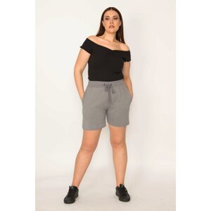 Şans Women's Large Size Gray Cotton Fabric Shorts with Elastic Waist and Eyelet Lace Side Pockets