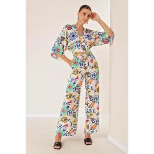 By Saygı Elastic Waist, Pocket Palazzo Trousers Front Back V-Neck Crop Floral Double Set.