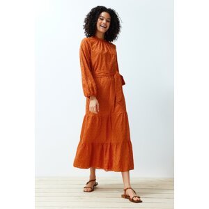 Trendyol Cinnamon High Collar Brode Lace Lined Woven Dress