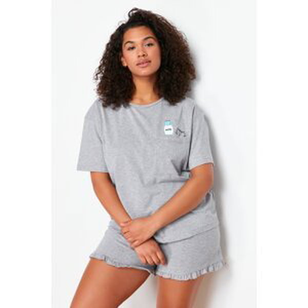 Trendyol Curve Gray Cotton Printed Knitted Pajamas Set
