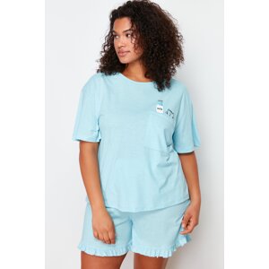 Trendyol Curve Light Blue Cotton Printed Knitted Pajamas Set