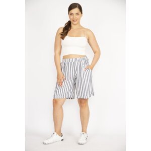 Şans Women's Indigo Plus Size Striped Linen Woven Fabric Elastic Waist Pocket Shorts